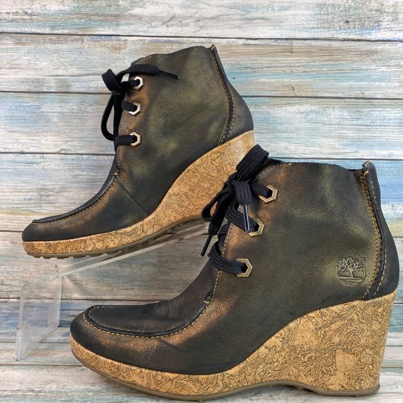 Timberland Black/Gold Metallic Soft Leather Wedge Heel Lace Up Ankle Boots - Picture 2 of 13